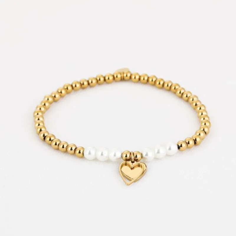 Kralen armbandje met parels en hartje - Goud - JE18088
