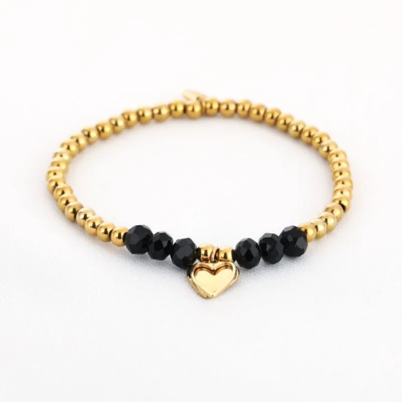 Kralen armband met hartje bedel - Zwart - JE20572