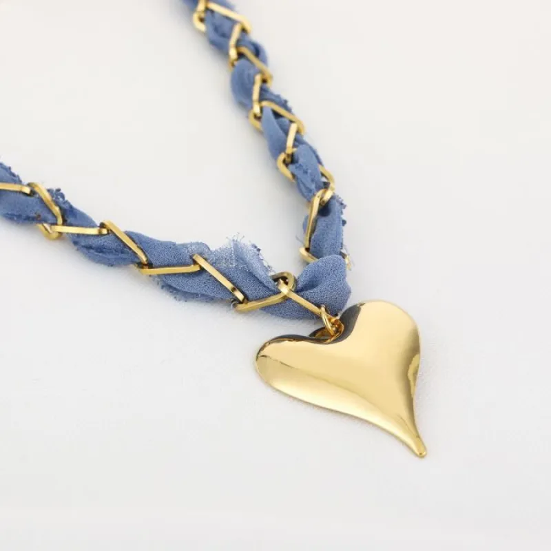 Stoffen ketting met hart - Light Blue - JE17441