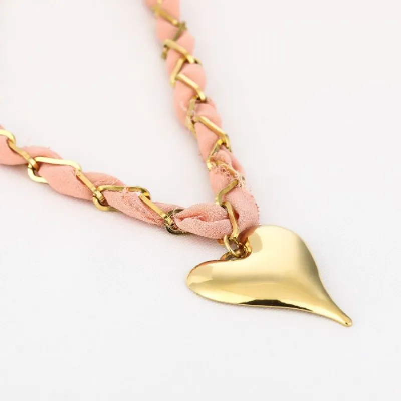 Stoffen ketting met hart - Pink - JE17441