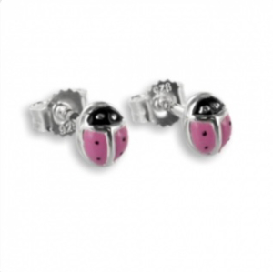 Oorbellen: Studs lieveheersbeestje roze/zwart geëmailleerde - Zilver 925 - Z4456