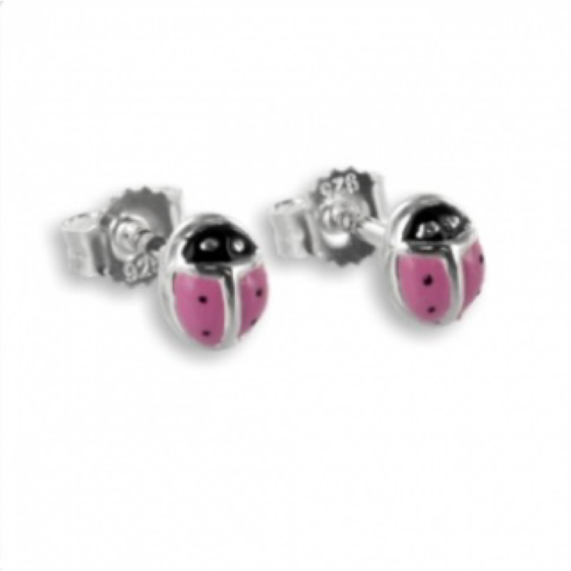 Oorbellen: Studs lieveheersbeestje roze/zwart geëmailleerde - Zilver 925 - Z4456