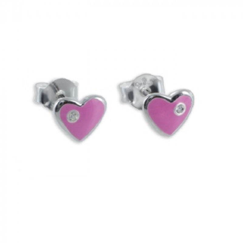 Oorbellen: Studs hart, verf roze, met strass  - Zilver 925 - Z4021