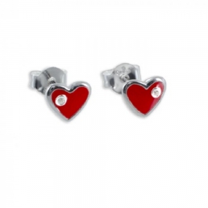 Oorbellen: Studs hart, lak rood, met strass - Zilver 925 - Z4401