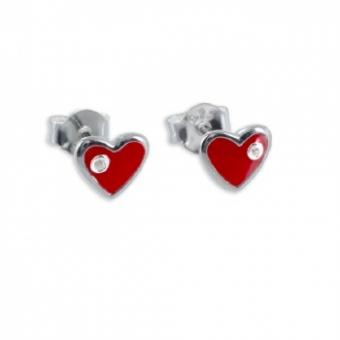 Oorbellen: Studs hart, lak rood, met strass - Zilver 925 - Z4401