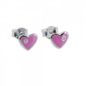 Oorbellen: Studs hart, verf roze, met strass  - Zilver 925 - Z4021